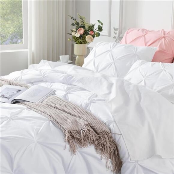 White Queen Comforter Set(90x90Inch),3 Pieces Cute Pinch Pleat Bedding Comforter - Picture 3 of 7